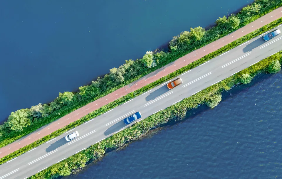Aerial view of a causeway with cars